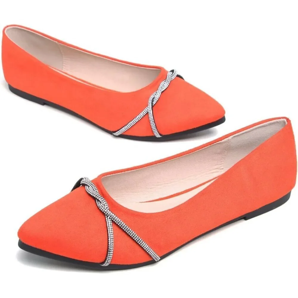 Women's Orange Casual Flats Fashion Chain Pointed Toe Ballet Flat Rhinestone